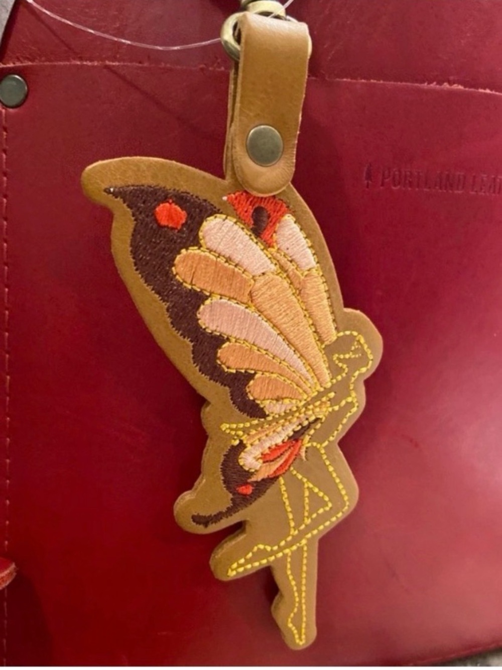 Portland Leather Mango Fairy Embroidered Charm in Tan, Pink & Red - NEW